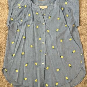 LOFT Light Blue Chambray Button-Front Top with Yellow Lemon Embroidery